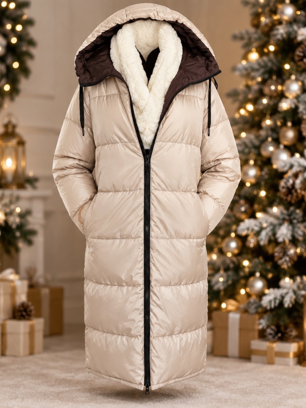 Long Sherpa-Lined Puffer Coat in Cream